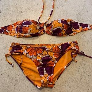 Old Navy Orange and Purple Floral Bikini Large